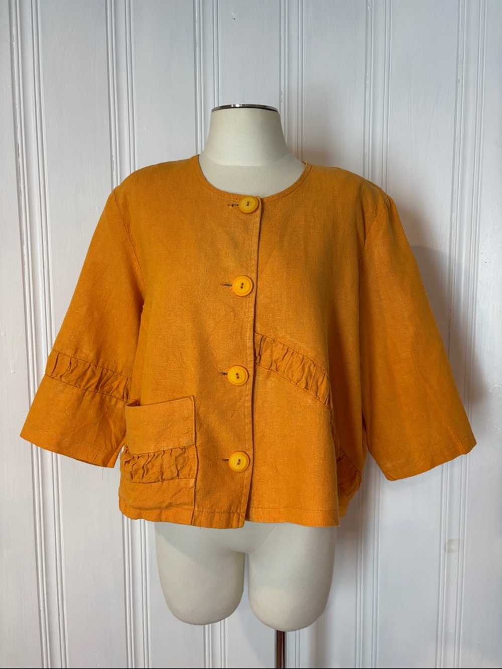 Mustard Orange Linen-Look Boxy Jacket 3/4 Sleeve Oversized - Size M/L estimated
